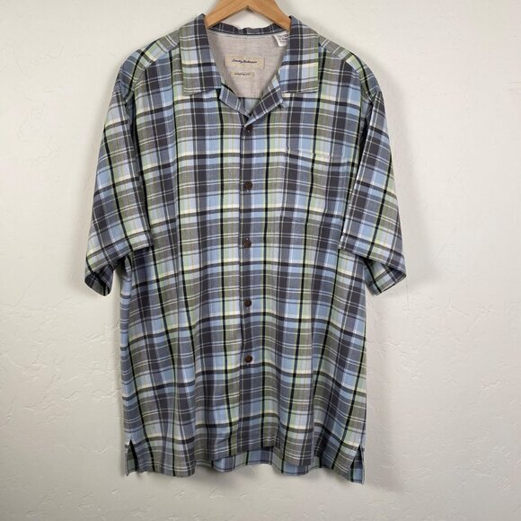 TOMMY BAHAMA Mens 100% Silk Size XL Blue & Green Plaid Button-Up Shirt - Picture 1 of 8